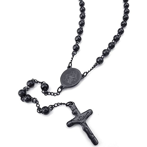 Pendentif croix jésus noir en acier inoxydable et sa chaîne de maillons boules résistante