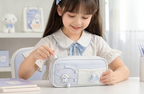 Image of Invite Large Capacity Cute Aesthetic Pencil Case with Multi Compartments, Multi-Pocket Pastel Pen Pouch Organizer with Zipper, Kawaii School Supplies Bag for Girls, Teens & Students (Light Blue Dog)