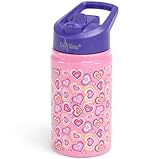 Emily Rose Kids Insulated 12 Oz Stainless Steel Bottle for Travel and School - for Girls Kids - Leak Proof with 2 Straws (Playful Hearts Design) | USA Business