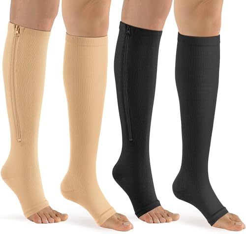 Image of bropite Zipper Compression Socks Women & Men - 2Pairs Calf Knee High 15-20mmHg Open Toe Compression Stocking suit for Walking