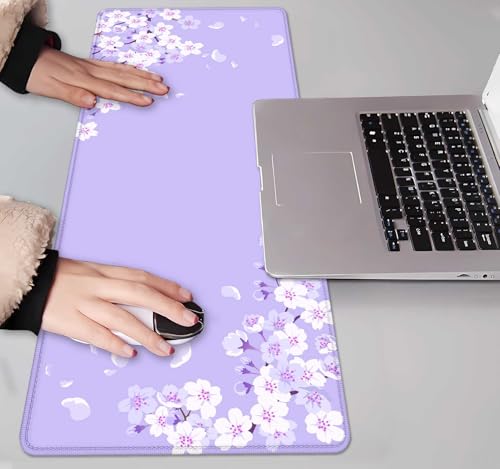 Image of IMAYONDIA Sakura Japanese Desk Mat, Cherry Blossom Large Gaming Mouse Pad, Elegant Floral Mousepad for Women, Purple Flowers Aesthetic Desk Pad for Work Decor, Game, Office, 31.5x11.8