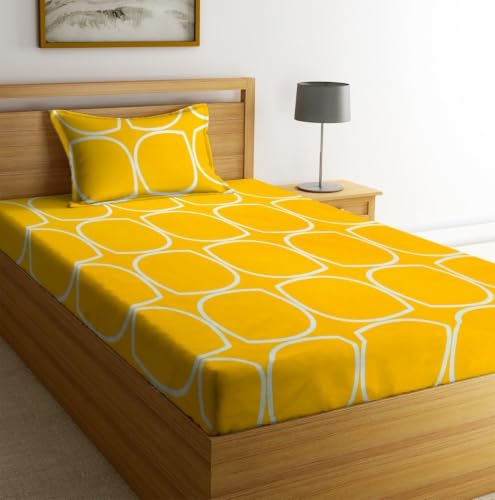 Image of la' amour 240 TC Cotton Fitted Single Bedsheet with 1 Pillow Cover | Elastic Bed Sheet | Soft Breathable Skin-Friendly Fabric | All Season Comfort | 36 x 72 + 6 Inches Mustard Glow