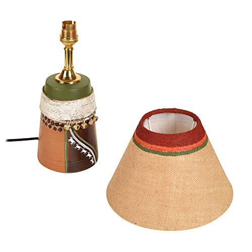 Image of AAKRITI ART CREATIONS Terracotta Table Lamp for Study Room, Bedroom & Living Room Decoration | Kalamkari Handwoven Tribal Pattern Bedside Lamp with Jute Woven Fabric Shade | Aesthetic Night Lamp