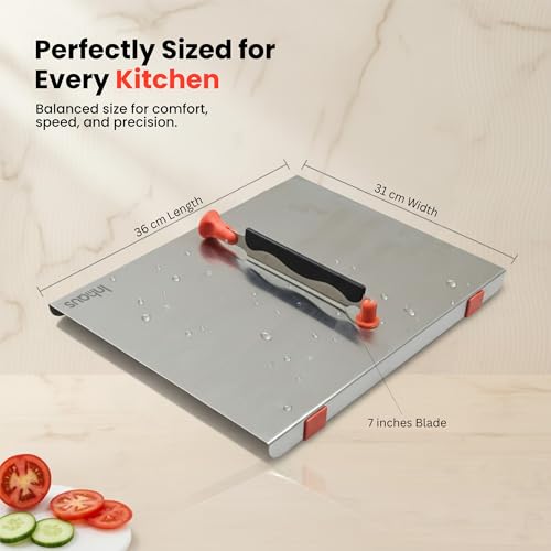 Image of Stainless Steel Chopping Board with Knife Attached, Large Steel Cutting Board for Kitchen with Anti Slip Pads, Vegetable Cutting Board Stainless Steel 35.5 x 31 cm