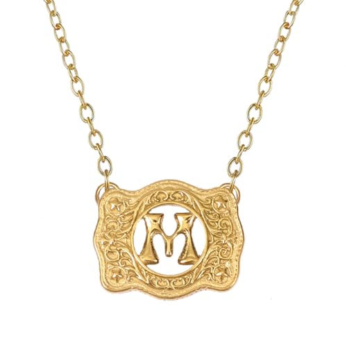 14K Gold Belt Buckle Necklace Western Style Initial Letter Pendant Necklace, Decorative Belt Buckle Frame Design