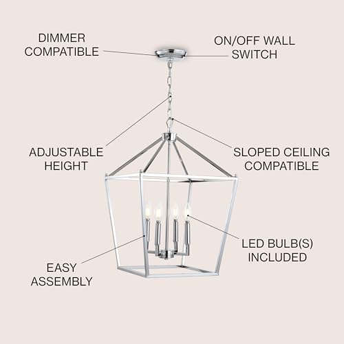 Image of JONATHAN Y Pagoda 4-Light Pendant 16 inch Cage, Chrome | Traditional Metal Farmhouse Hanging Lantern Ceiling Fixture, Adjustable Chain Link, For Kitchen Island, LED Bulb Included