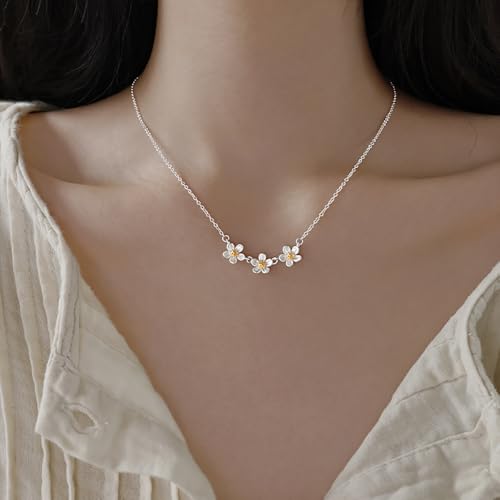 Reffeer Solid 925 Sterling Silver Flower Pendant Necklace Chain for Women Teen Girls Small Daisy Necklace Choker3