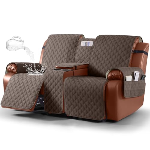 Ruaozz Waterproof Recliner Loveseat Cover with Console, Non-Slip Couch Cover Pet Cover for Double Recliner Split Sofa Cover with Elastic Straps for Kids, Dogs, Pets (Brown, 2 Seater)