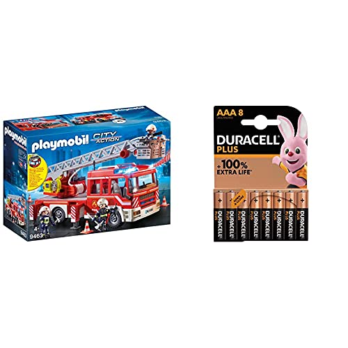 PLAYMOBIL City Action Camión de Bomberos con Escalera, Luces y Sonido, a Partir de 5 Años (9463) + Duracell - Nuevo Pilas alcalinas Plus AAA, 1.5 Voltios LR03 MN2400, Paquete de 8