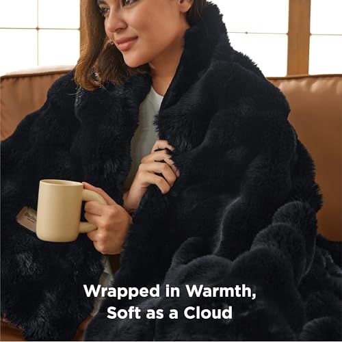 Bedsure GentleSoft Fluffy Faux Fur Throw Blanket for Couch, Soft Fuzzy Bubble Blanket Home Decor Gifts for Bedroom Living Room, Thick Warm Furry Cozy Gifts for Women, Black, 50x60 Inch
