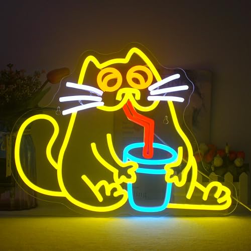 LUCUNSTAR Bebida Gato Letrero de Neon Animal Letreros de Neon para Decoración de Pared Gato Letrero de Luz de Neón Bar Letreros de Neón con USB para Sala de Estar Dormitorio Bar Club Fiesta