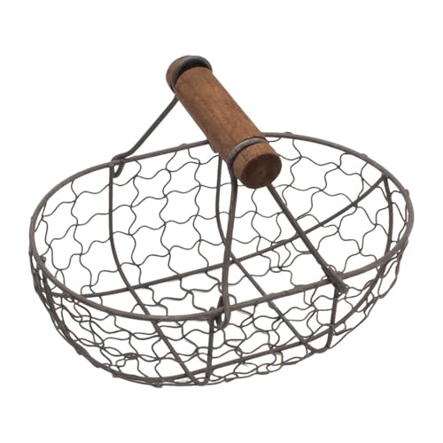 Metal Wire Chicken Egg Basket, Egg Collecting Baskets Fresh Eggs Holder, Multipurpose Vintage Wire Fruit Vegetable Bread Basket with Wooden Handle for Farmhouse Kitchen Counter-top Picnic