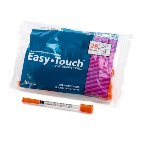 Image of Easy Touch 28 Gauge U-100 Insulin Syringes (28G 0.5cc 1 /2 inch) with 1 /2 inch Long Needle, 0.5cc (50 Unit Capacity), Bold Markings for Accurate Dosing, Disposable, Box of 100