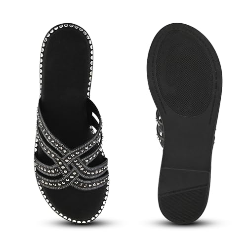 Image of Centrino Women's Beaded Flat Sandals| Open Toe Stylish Slip-On Sandals for Ladies | Metallic Crisscross Straps with Soft Cushioned Footbed for Comfort | Lightweight Casual Fashion Footwear (9305)