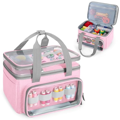 Image of LUXJA Double-Layer Sewing Storage Organizer with Transparent Compartment, Large Sewing Organizer Bag with Detachable Divider for Sewing Supplies (Bag Only), Pink