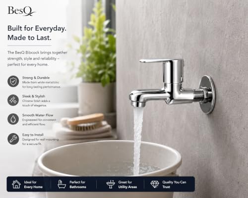 Image of Wall Mounted Bib Cock | Faucet for Bathroom, Kitchen Wash Basin and Utility Areas | Heavy Duty Brass Construction with Mirror Chrome Finish | Smooth Single Lever Water Tap for Residential