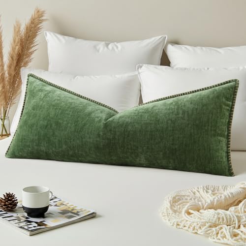 Image of decorUhome Fall Chenille Soft Cozy Throw Pillow Covers 14x36 Pack of 1, Modern Farmhouse Boho Velvet Decorative Pillow Cases with Stitched Edge for Couch Sofa Bed Home Decor, Forest Green