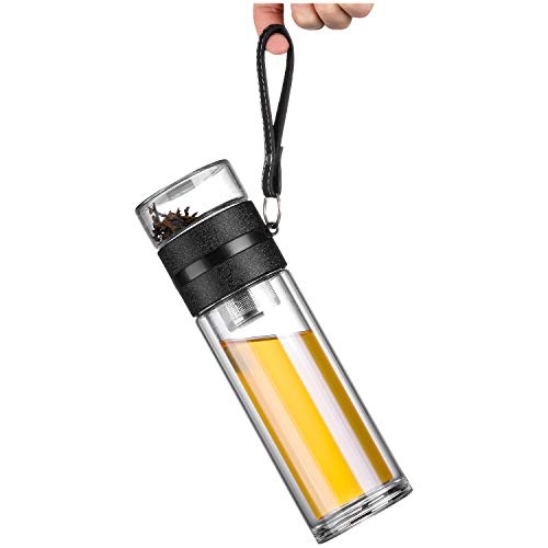 Ceoon 13oz Double Wall Glass Water Bottle Tea and Water Separation Tea Bottle Mug Cup with Tea Infuser (Black)