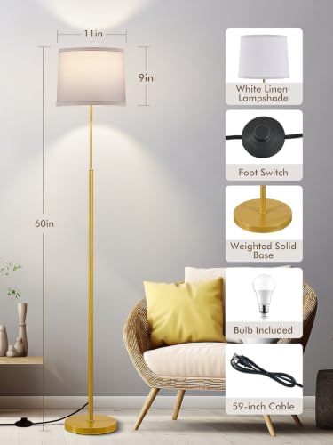Hikczc 60" Modern Floor Lamp for Living Room Bedroom, Standing Lamp with White Linen Lampshade, Tall Lamp with A19 9W 3 Color Temperature Bulb, Foot Switch Control, Gold — view 2