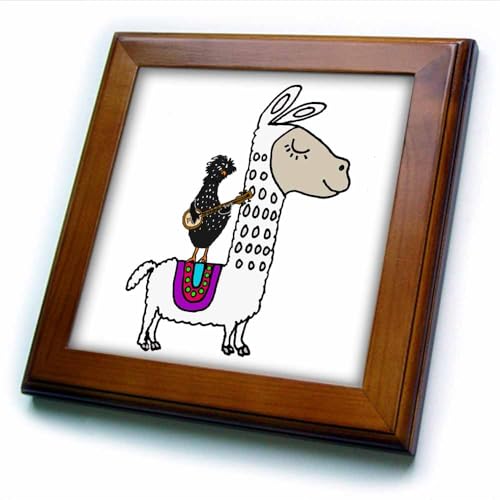 3dRose Framed Tile - Cool Funny Polish Chicken Playing Banjo Riding White Llama - 6 by 6-inches (ft_273495_1)