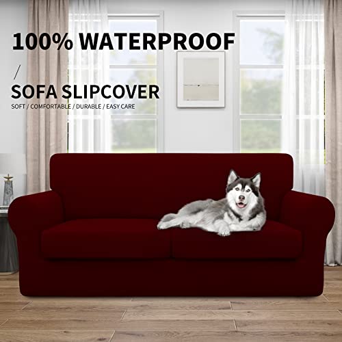 Image of Easy-Going Waterproof 3-Piece Oversized Loveseat Couch Covers for Sofa | 3-Piece Set Spandex Sofa Cover Slipcover Elastic Bottom Dog Pet Friendly Wine