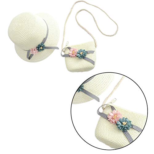 NUOBESTY Chapéu de palha e bolsa para meninas, chapéu de palha de flores, chapéu de praia, chapéu de