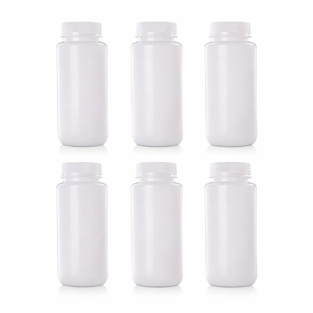 6Pcs Plastic Sample Bottles with Screw Caps, Leak-Proof Wide Mouth Reagent Containers for Laboratory, Water Testing, Chemical Storage and Travel, Durable Polypropylene Lab Jars (250ml)