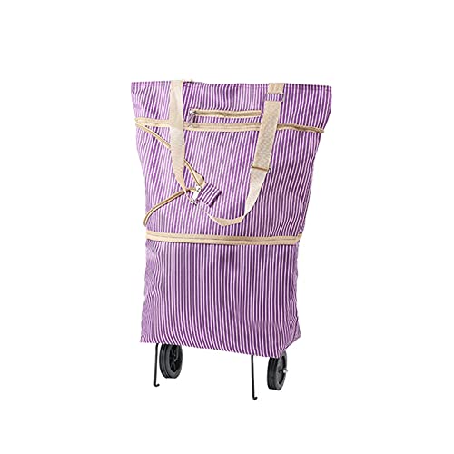 Carrito de la compra plegable con ruedas dobles – Carrito utilitario portátil para comestibles, lavandería y equipaje – Bolsa de compras con ruedas moradas con ruedas