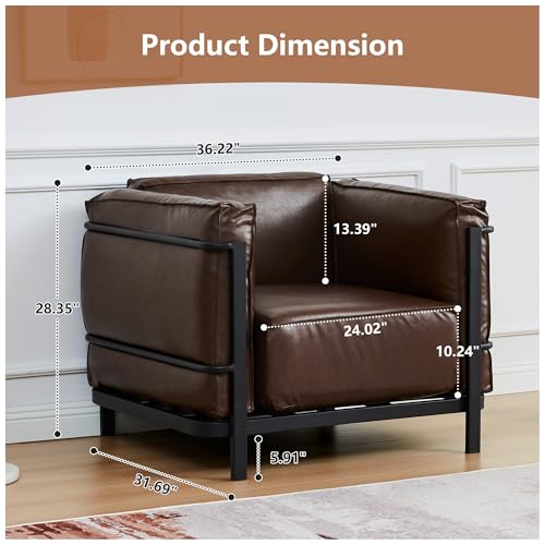 Image of QHITTY Sofa Chair, Mid-Century Modern Upholstered Couch Chair Faux Leather Sofa Couch with Iron Frame and Upholstered Armrest Backrest Cushion for Living Room, Office, Apartment (Brown)