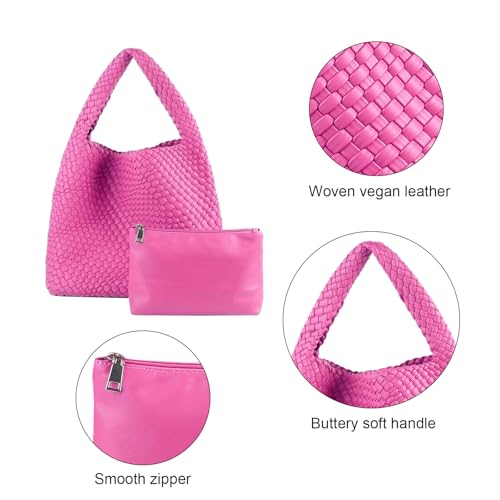 Image of Woven Tote Bag for Women with Purse, Vegan Leather Hobo Bags Large Handmade Underarm Shoulder Bag