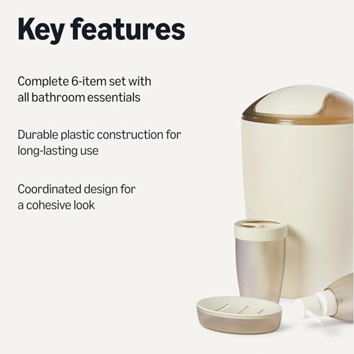 Image of Amazon Basics 6-Piece Bathroom Accessory Set with Toothbrush Holder, Soap Dispenser, Soap Dish, Toothbrush Cup, Trash Can and Toilet Brush & Holder, Ivory