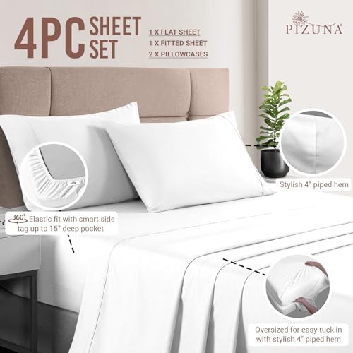 Pizuna 400 Thread Count Queen Cotton Bed Sheets Set, Long-Staple Cotton Sheet Sets Queen Size, Cooling 4 Piece Hotel Luxury Bedding Set with 15" Deep Pocket Fitted Sheet (Queen, White) - Thumbnail 2