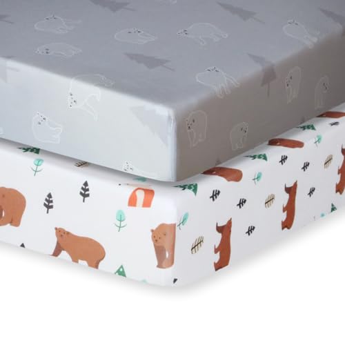 Image of Hevituwhe Pack and Play Sheets Fitted Ultra Soft Jersey Knit Mini Crib Sheets Fitted 38x26 Pack Polar Bear Forest, Green