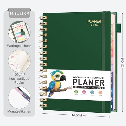 RETTACY Kalender 2026 - Terminplaner 2026 Notizbuch A5, Wochenplaner für Schule, Studium & Arbeit - Jan-Dec 2026 - Dunkelgrün – Bild 6