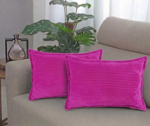 Image of RD TREND Corduroy Cushion Cover Set of 2, Striped Double Sided Decorative Throw Pillowcases for Sofa, Bed & Living Room Rectangular Long Cushion Covers 18x28 inches | Dark Pink