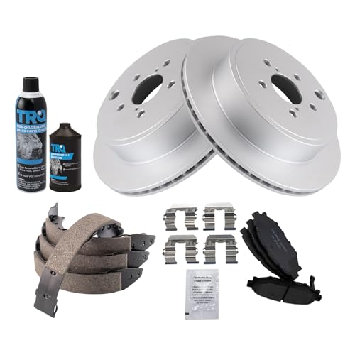 Image of TRQ Rear Brake Pad & Rotor Kit, with Chemical Kit Parking Brake Shoe Set Ceramic Premium G-Coated Compatible with 2013-2014 Subaru Legacy