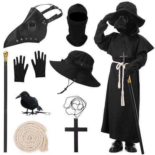 IEEILULU Pestdoktor Kostüm Kinder Plague Doctor Costume für Junge Mittelalter Pest Doktor Set mit Pestdoktor Maske Zepter Hut Halloween Cospaly Kostüm für Karneval Fasching