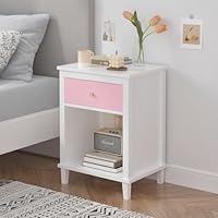 PRINKROOMY Small Nightstand with Drawer - Wood White Night Stand with 2-Tier Storage Cabinet Modern Bedside Table for for Bedroom, Kids Room & Small Spaces(1, White+Pink + MDF)
