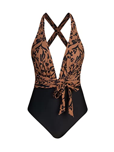 Cupshe One Piece Swimsuit For Women Bathing Suit Sexy Deep V Neck Wrap Tie Cross Back, L Brown #TOP3