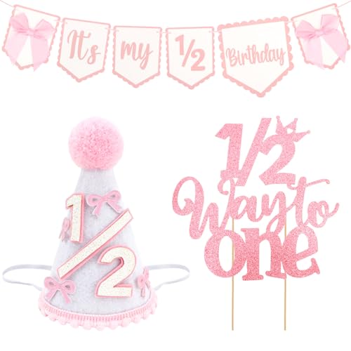 SuPoo 1/2 Birthday Banner and Princess Cone Hat Cake Topper Half Birthday Crown Glitter Bow Half Way to One Baby Girl Decorations 6 Month It is My 1/2 Birthday High Chair Banner Tiara Outfit