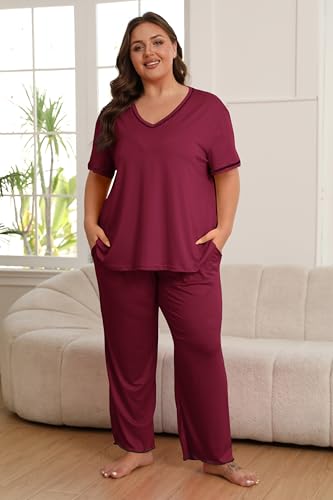 Image of Vozanet Women's Plus Size Pajama Sets Short Sleeve Long Pants Solid Color with Piping Trim Elegant Loungewear Cozy Sleepwear