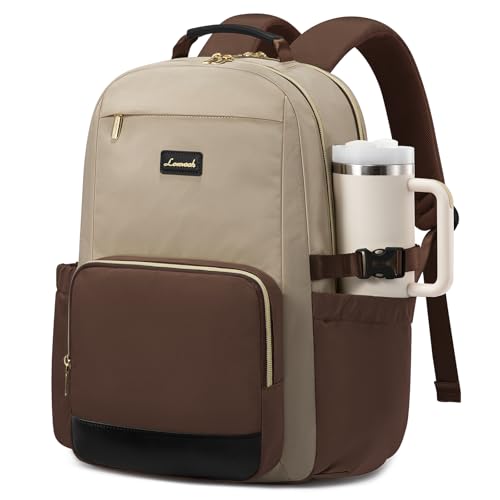 Image of LOVEVOOK Laptop Backpack for Women with Pouch Pocket for Large Capacity Cup,17 Inch Teacher Nurse College Work Backpack Purse,Waterproof Laptop Bag Computer Back Pack for Travel, Khaki-Coffee-Black