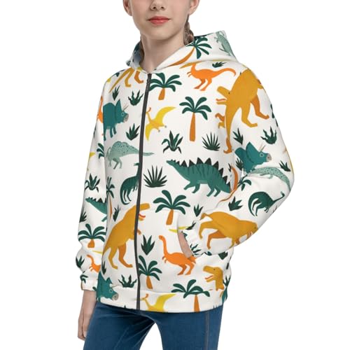 Dinosaurs and Tropical Leaves Kids Pullover Hoodies Boys Zip Up Sweatshirts Girls Athletic Clothes with Pocket