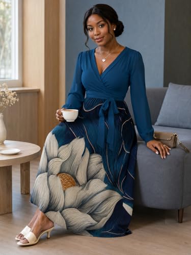 Image of PinkPatty Plus Size Dresses for Curvy Women V Neck Flowy Long Sleeves Wrap Maxi Dress Travel Vacation Outfits