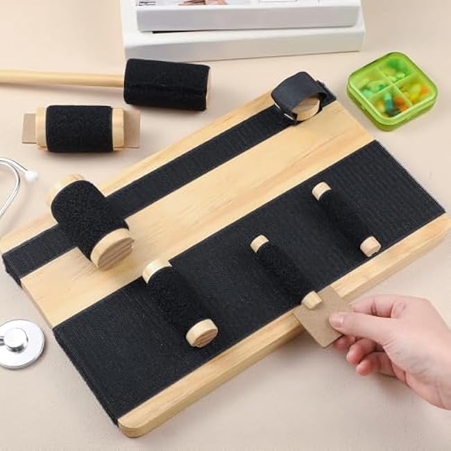 Hand Exercise Board with Hook and Loop Fasteners Hand Therapy Tool Equipment 14'' x 9'' Hook and Loop Exercise Board Solid Wood Base with Wood Tools for Improving and Finger Strength