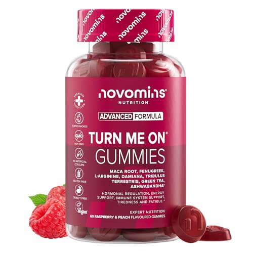 Libido Gominolas - Maca, Ashwagandha, L-Arginina, Tribulus Terrestris y Vitamina B6 - Libido para Mujer - Sin Gluten y Vegano - 60 Gominolas para Potencia y Energía - Turn Me On Gummies - Novomins