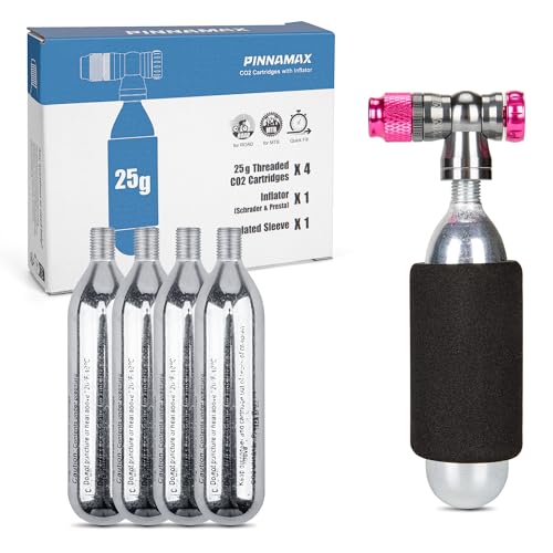 PINNAMAX CO2 Fahrradpumpe Set–CO2 Inflator mit 16g/25g CO2 Kartuschen–Kompakt, Leicht, Kompatibel mit Presta & Schrader Ventilen–Perfekt für Rennräder & MTB–Inkl.Schutzhülle (Inflator+4x25g)