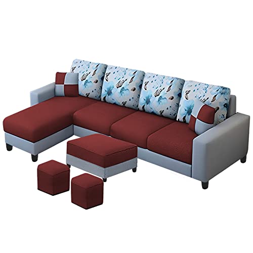 Image of Orland 8 Seater LHS L Shape Sofa with Center Table & 2 Puffy | Color - (Maroon Grey Fabric)