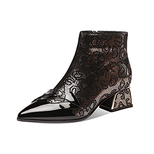 TinaCus Women's Handmade Patent Genuine Leather Block Heel Side Zip Up Floral Mesh Hollow Ankle Boots with Heart Decor
