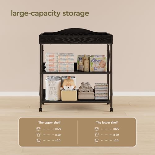 Image of Baby Changing Table, Diaper Station with Pad, 2-Tier Shelves, Mobile, Black